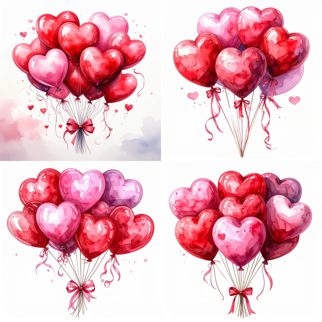 Watercolor Heart Balloons Clipart PNG Set of 4, Valentine's Day Digital ...