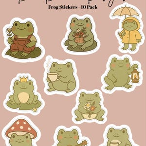 May include: A collection of ten frog stickers in various poses, including one with a flower, a basket of flowers, and another under an umbrella. The stickers are in shades of green, brown, and yellow, with a white border. The text "Bri Brooke Designs" and "Frog Stickers - 10 Pack" are at the top.