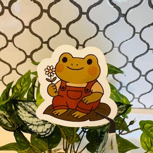 May include: A sticker featuring a cartoon frog wearing orange overalls, holding a daisy. The frog is sitting on a brown leaf. The sticker has a white border and is placed on a plant with green leaves.