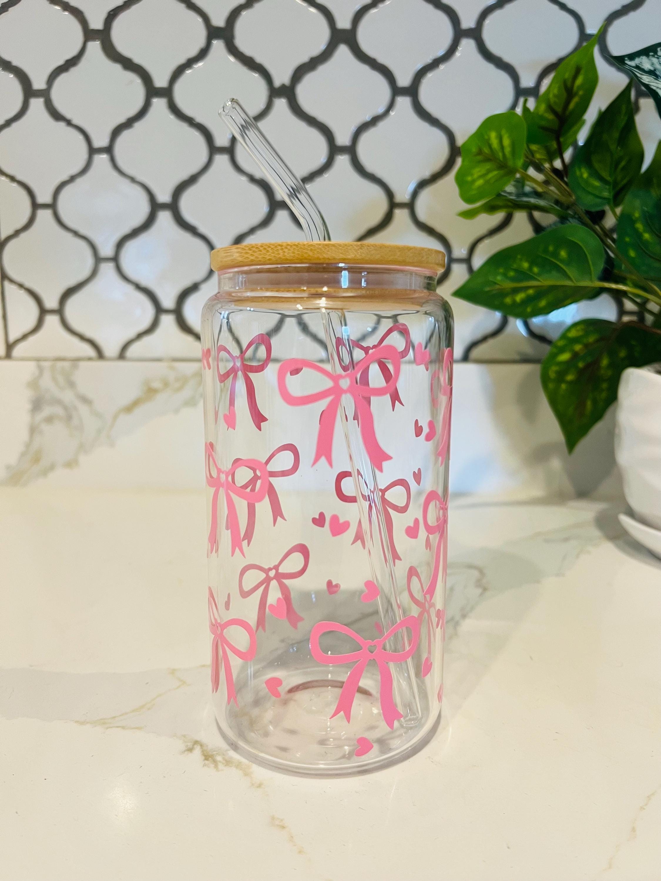 Pink Bow Glass Cup: Coquette Iced Coffee Tumbler With Straw and Lid - Etsy
