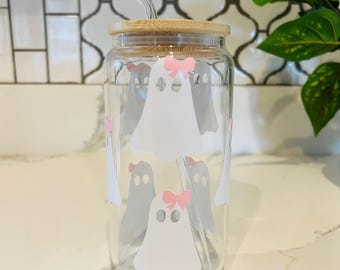 Ghost Glass Can: Pink Bow Halloween Glass Libbey Cup