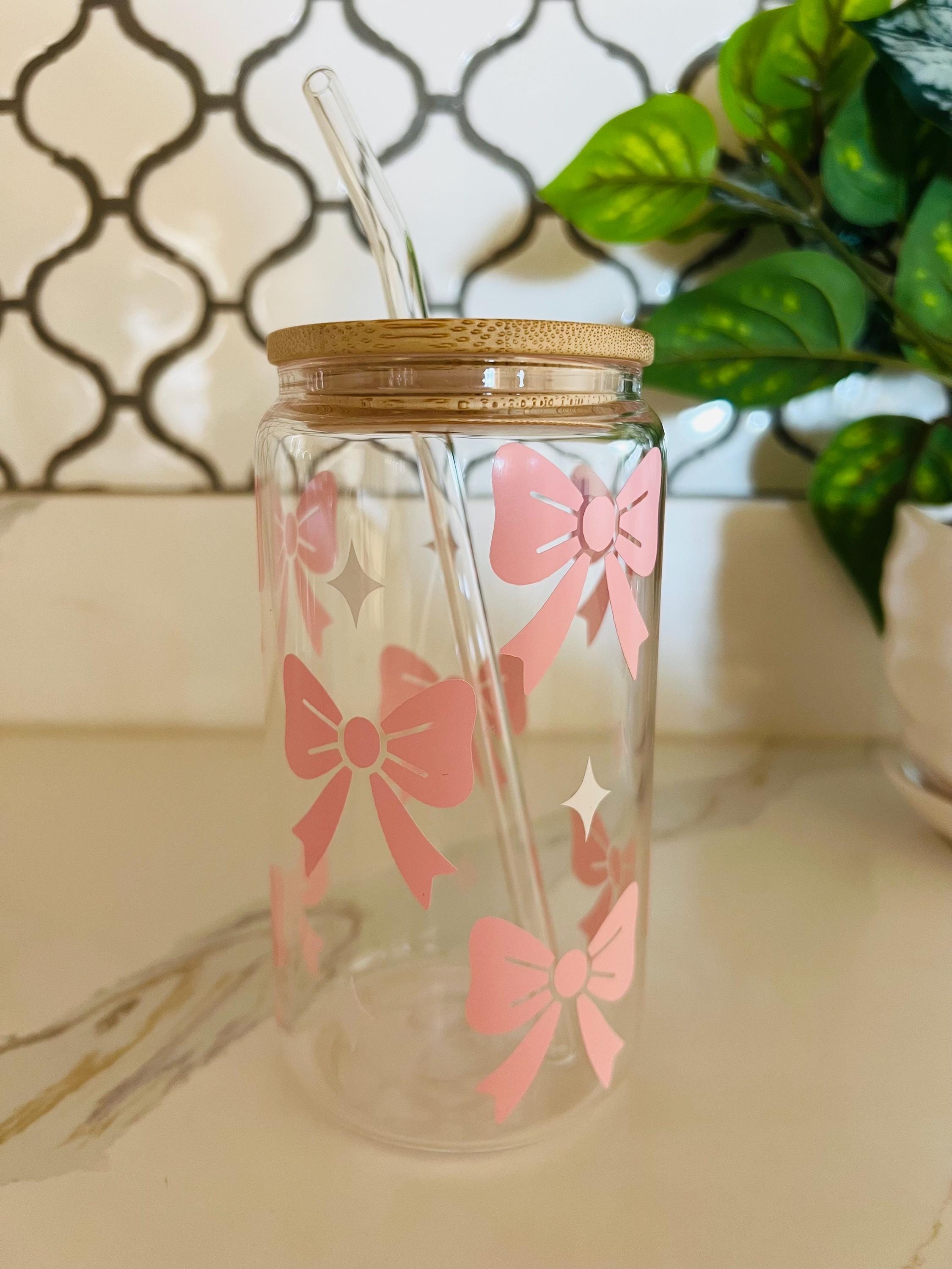 Pink Bow Glass Iced Coffee Cup | Coquette Tumbler, Glass Straw & Bamboo ...