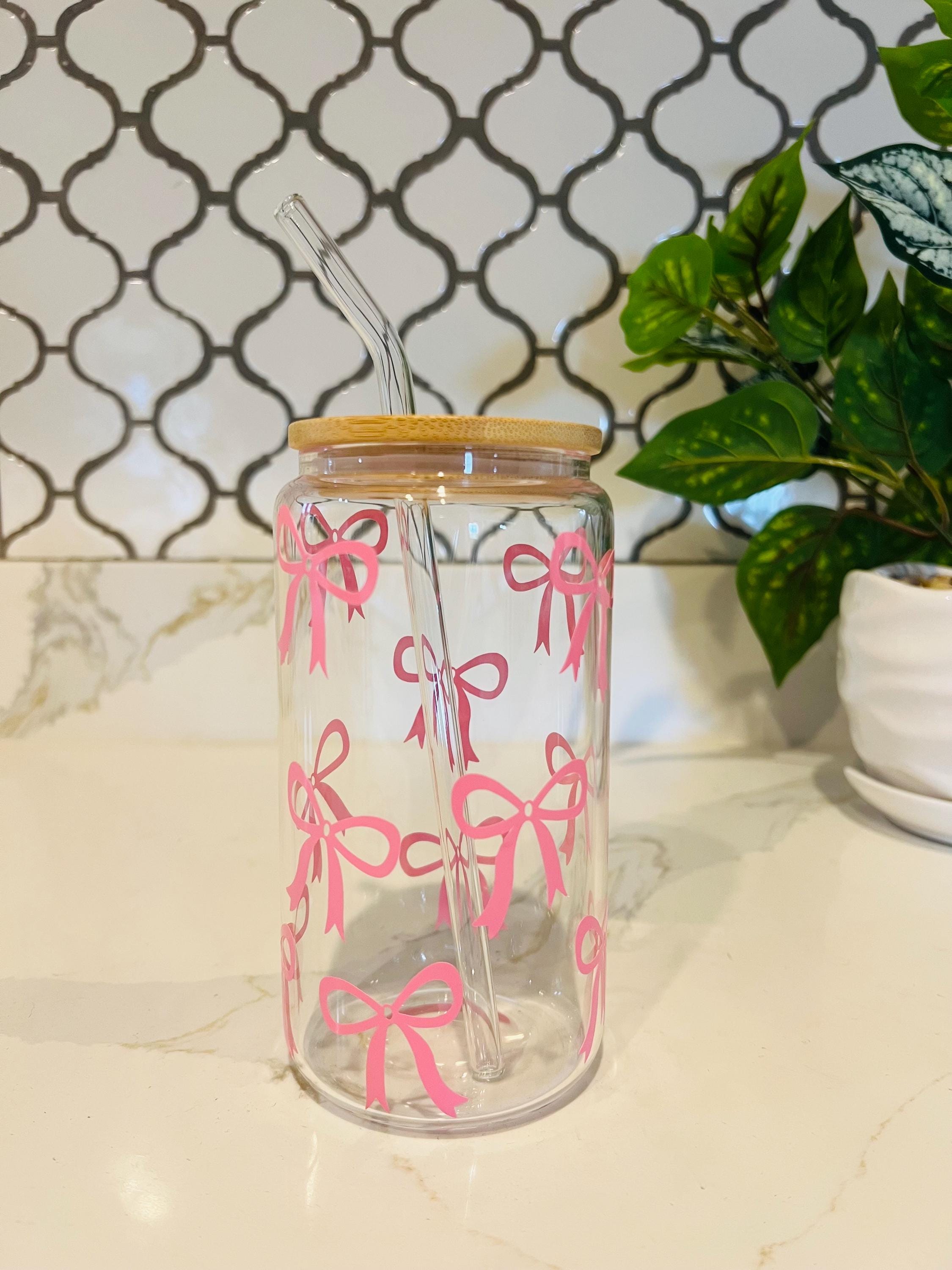Pink Bow Glass Cup: Coquette Iced Coffee Tumbler With Straw and Lid - Etsy