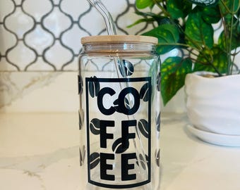 Coffee Glass Cup – Minimalist Coffee Bean Design, Bamboo Lid & Straw