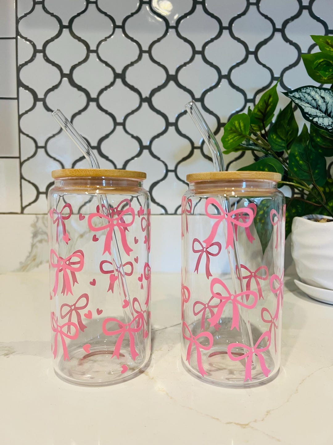 Pink Bow Glass Cup: Coquette Iced Coffee Tumbler With Straw and Lid - Etsy