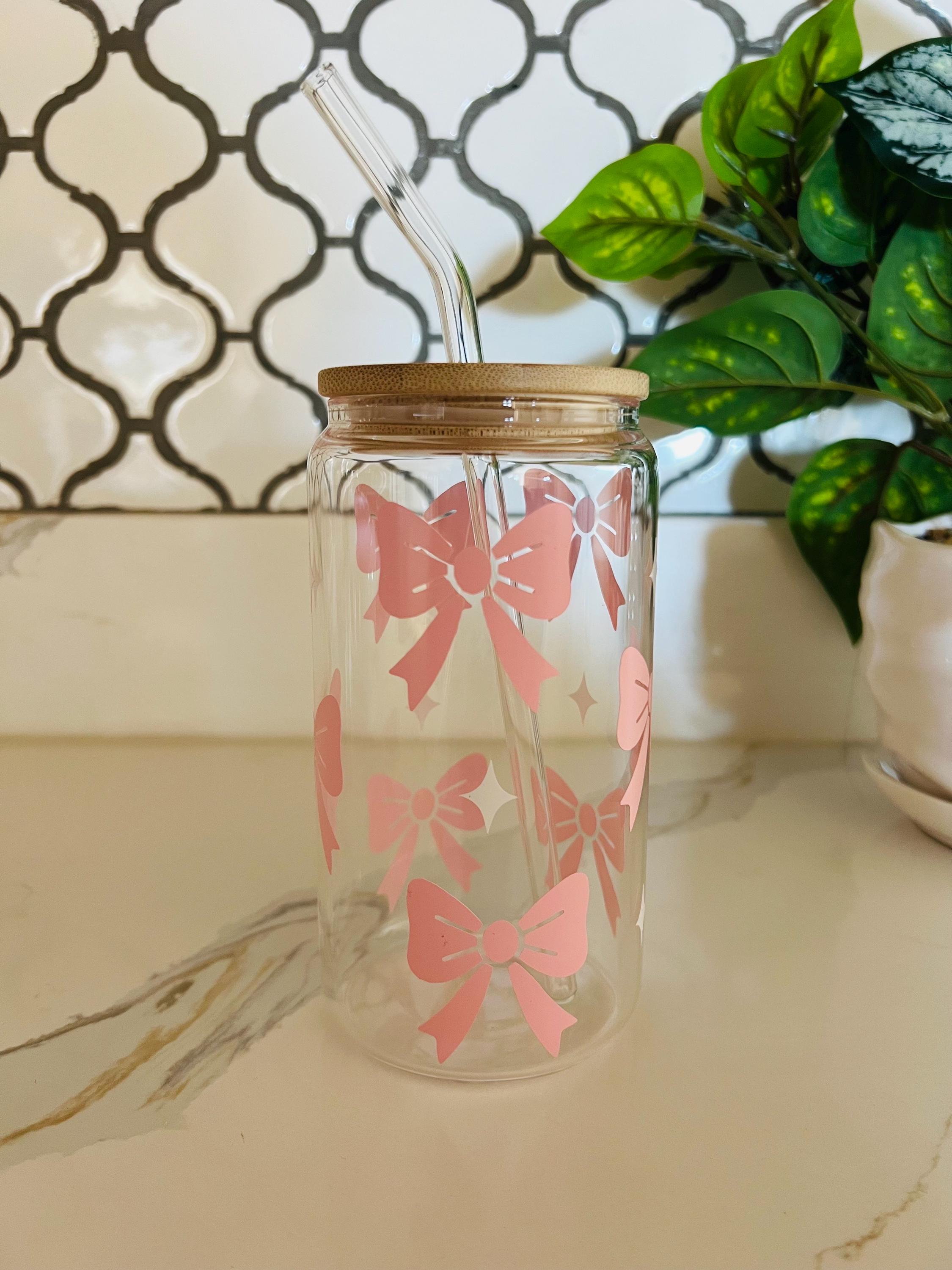 Pink Bow Glass Iced Coffee Cup | Coquette Tumbler, Glass Straw & Bamboo ...