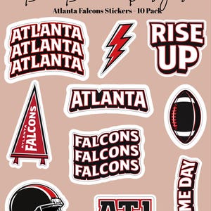 May include: A collection of Atlanta Falcons stickers. Designs include team name, logo, and football-related graphics. The stickers feature the team's colors, red, black, and white, with the words "RISE UP" and "GAME DAY".