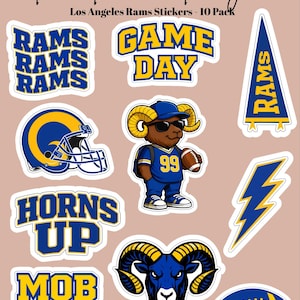 May include: A 10-pack of Los Angeles Rams stickers featuring blue and yellow designs. Includes text reading Bri Brooke Designs, Los Angeles Rams Stickers, RAMS, GAME DAY, HORNS UP, and MOB SQUAD, alongside a football helmet, a ram mascot, a pennant, a lightning bolt, and a football.