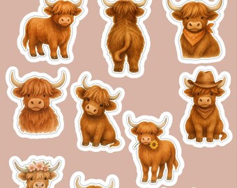 Highland Cow Sticker Pack – Fluffy Cattle, Farm Animal Art (Waterproof Vinyl)