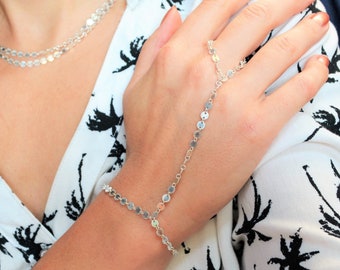 Sterling silver hand chain slave bracelet, statement ring bracelet, fitted finger ring bracelet, hand harness, silver disc coin bracelet