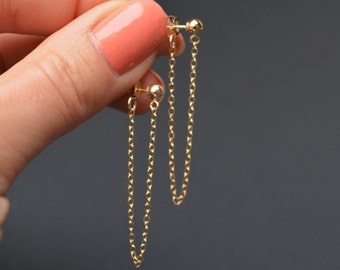 Drop chain earrings 14K Gold Filled, gold ear jacket, double sided earrings, front back long dangle earrings, minimalist jewelry