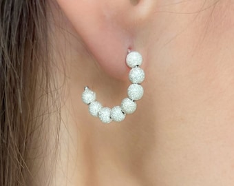 Sterling Silver Hoop Earrings Small, Minimalist Beaded Post Hoops Diamond Shimmer Dainty Hoops Earrings, Open Hoop Jewelry Gift for Her