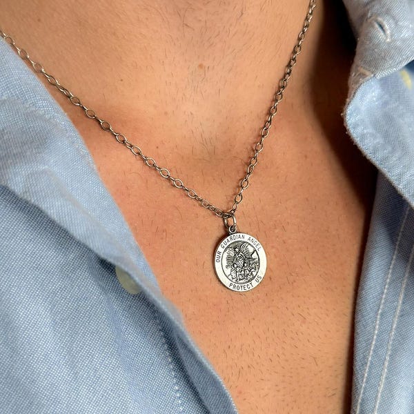Sterling Silver Necklace for Men with Guardian Angel Medallion Pendant: Protection Amulet Pendant Necklace in Oxidized Silver
