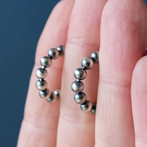 Navajo Pearl Style Sterling Silver Hoop Earrings Dainty Beaded, 4 mm Bead Earrings Lightweight Minimal Western Earrings Jewelry Gift for Her