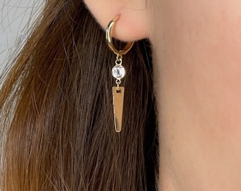 14k Gold Earrings Dangle Huggie Hoop Earrings with Charm Spike, Small Hoop Earrings White Topaz, Solid Gold Earrings, Gemstone Hoop Earrings