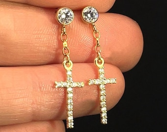 Gold Cross Earrings CZ Diamond Stud, Gold Stud Womens / Mens Dangle Earring, CZ Diamond Earrings