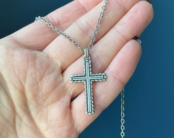 Cross Necklace Men Women Oxidized Sterling Silver, Men Jewelry Cross Pendant Chain necklace Solid Sterling Silver, Gift for Him