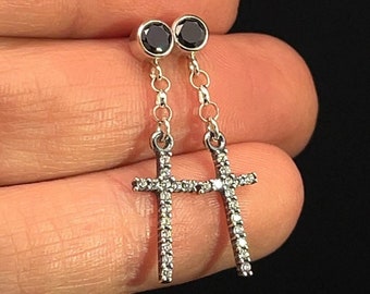 CZ Diamond Dangle Cross Earrings for Men / Women - Sterling Silver Black Stud Earrings, CZ Black Diamond Post Mens Earrings