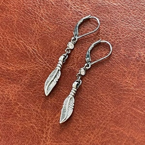 Dangle Feather Earrings, Sterling Silver Dangle Earrings for Men or Women, Leverback Oxidized Black Earrings, Mens Dangle Earring image 4