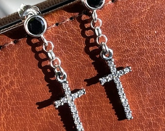 CZ Diamond Dangle Cross Earrings - Sterling Silver Black Stud Earrings with Diamond Cross