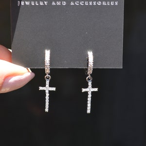 Sterling Silver Cross Hoop Earrings CZ, Mens Hoop Earrings Dangle Cross, Huggie Hoop Earrings With Charm, Single Earring or a Pair