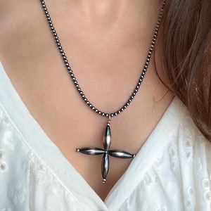 Navajo Pearl Style Necklace with Large Cross / Star Pendant 925 Sterling Silver, Handmade 3 mm Beaded Necklace, Western Jewelry Gift for Her