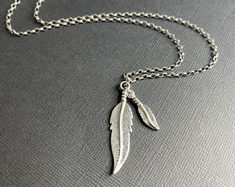 Mens Necklace in Oxidized Sterling Silver with Double Feather Pendant, Mens Silver Necklace Chain, Mens Jewelry, Sterling Silver Necklace