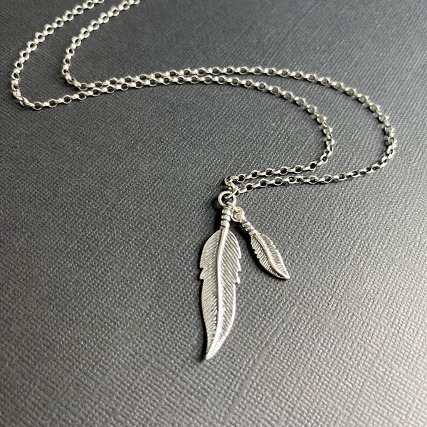 Mens Necklace in Oxidized Sterling Silver with Double Feather Pendant, Mens Silver Necklace Chain, Mens Jewelry, Sterling Silver Necklace