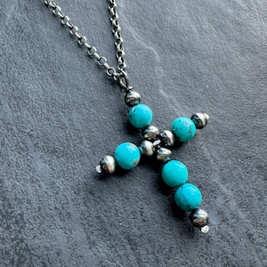 Sterling Silver Turquoise and Navajo Pearls Style Cross Necklace, Handmade Oxidized Sterling Silver Necklace, Southwestern Necklace for Her
