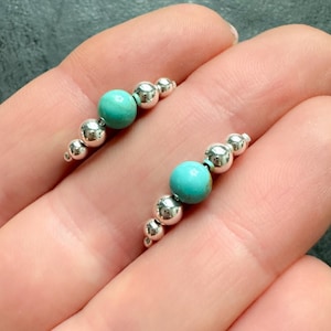 Small Sterling Silver Turquoise Earrings, Beaded Small Open Hoops with Natural Turquoise