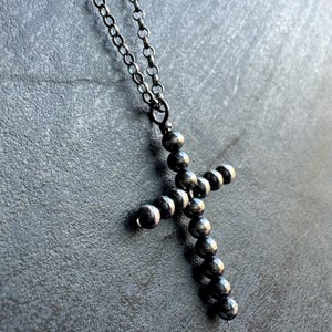 Oxidized Silver Cross Necklace Navajo Pearl Style Beaded Cross Pendant Medium 4mm, Handmade Sterling Silver Necklace Unisex Western Jewelry.