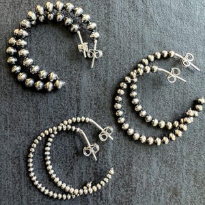Western Hoop Earrings Navajo Pearl Style 925 Sterling Silver: 28-30 mm Minimal Beaded Post Hoops, 2 mm, 3 mm, 4 mm beads.