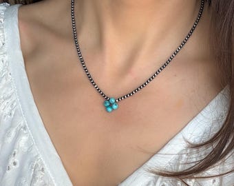 Turquoise and Navajo Pearl Style Necklace 925 Sterling Silver - Handmade Beaded Turquoise Clover Necklace, 3 mm Beads Navajo Pearl Style
