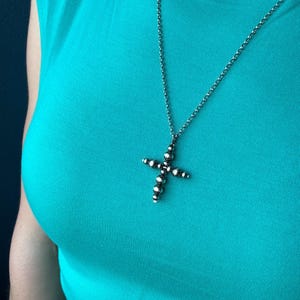 Navajo Pearl Style Cross Necklace - Handmade Sterling Silver Necklace, Western Jewelry Beaded Cross Necklace.