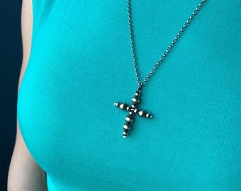 Navajo Pearl Style Cross Necklace - Handmade Sterling Silver Necklace, Western Jewelry Beaded Cross Necklace.