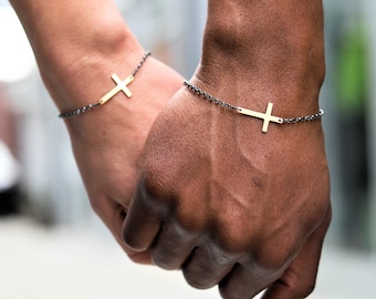 Couple bracelets, His and Hers bracelet, Cross bracelet, sterling silver chain bracelet, Christian jewelry, oxidized bracelet, couples gift