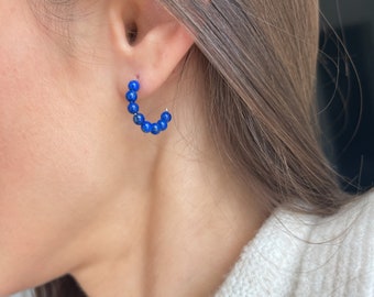 Lapis Lazuli Earrings Small Hoop Earrings -  Beaded Hoop Earrings, Sterling Silver Hoop Earrings, Dainty Delicate Blue Hoops Earrings Silver