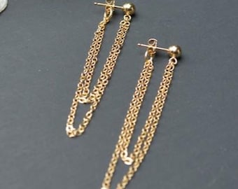 Front and back 14K Gold Filled chain earrings jacket, gold ear jacket dangle double sided post earrings, long drop earrings gold chain loop