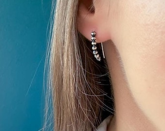 Small Dainty Silver Navajo Pearl Style Earrings Sterling Silver Threader, Minimal Western Jewelry, Tiny Silver Bead Earrings Gift for Her