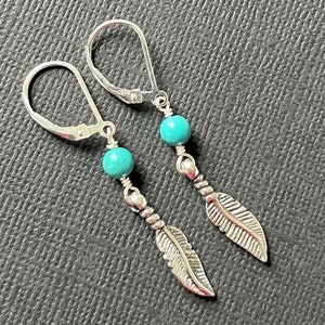 Bohemian Turquoise Earrings - Sterling Silver Feather Earrings with Gemstone, Dangle Earrings for Men, Leverback Earrings, Mens Earrings