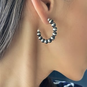 Silver Hoop Earrings, Chunky Beaded Hoops, Beaded Silver Hoop Earrings in Navajo Pearls Style, Sterling Silver Hoop Earrings, Boho Earrings