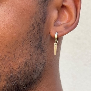 Spike Earrings 14K Gold, Solid Gold Dangle Drop Earrings, 14k Gold Small Hoop Earrings, Thick Chunky Hoop Earrings with Charm, Mens Earrings image 1