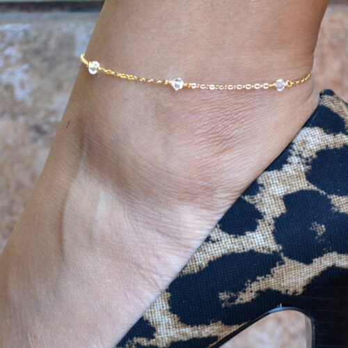 Gold Ankle Bracelet Beaded W/ Swarovski Crystals Gold Filled Etsy