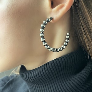 Navajo Pearl Style Large Sterling Silver Hoops Earrings, Statement Thick Beaded Open Hoop Earrings, Silver Bead Earrings, Western Jewelry