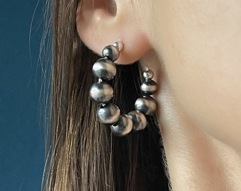 Sterling Silver Chunky Hoop Earrings, Medium Beaded Silver Hoop Earrings in Navajo Pearls Style, Wide Hoop Earrings