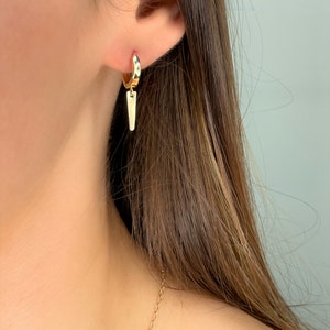 Spike Earrings 14K Gold, Solid Gold Dangle Drop Earrings, 14k Gold Small Hoop Earrings, Thick Chunky Hoop Earrings with Charm, Mens Earrings image 4