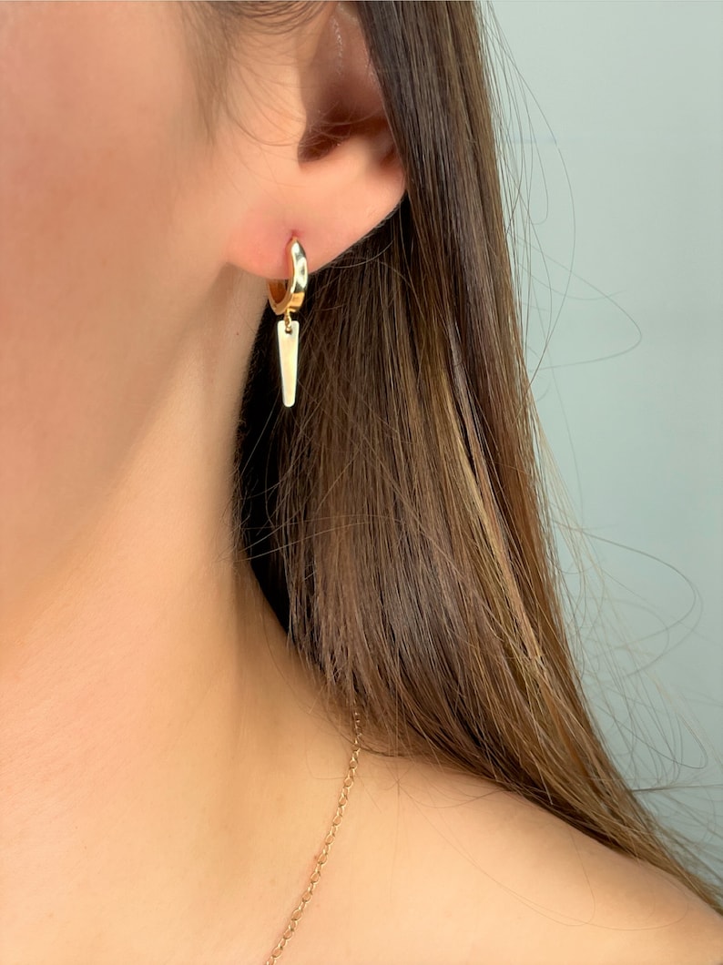 Spike Earrings 14K Gold, Solid Gold Dangle Drop Earrings, 14k Gold Small Hoop Earrings, Thick Chunky Hoop Earrings with Charm, Mens Earrings image 4