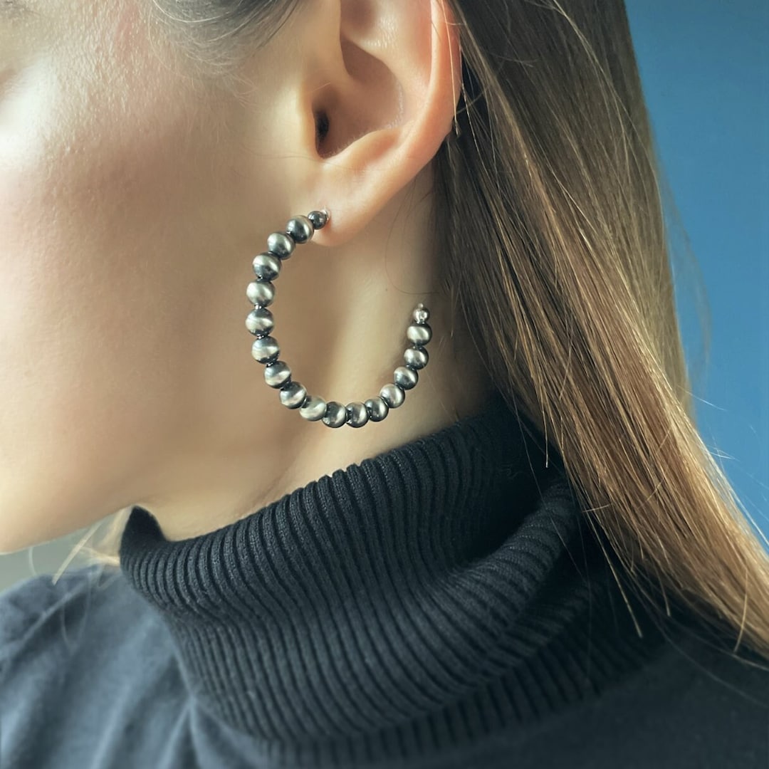 Navajo Pearl Style Large Sterling Silver Hoops Earrings