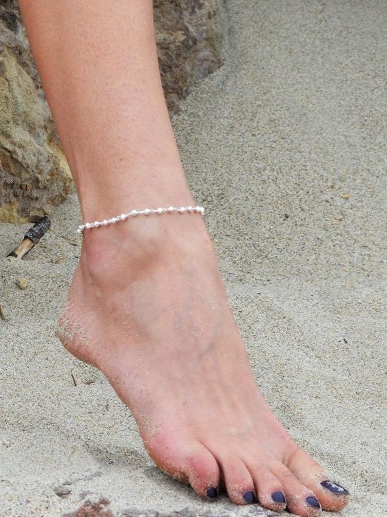 Sterling Silver Anklet, Ankle Bracelet for Women, Handmade Anklet Beaded with Silver Plated Pyrite Gemstones, Boho Jewelry Gift for her image 6