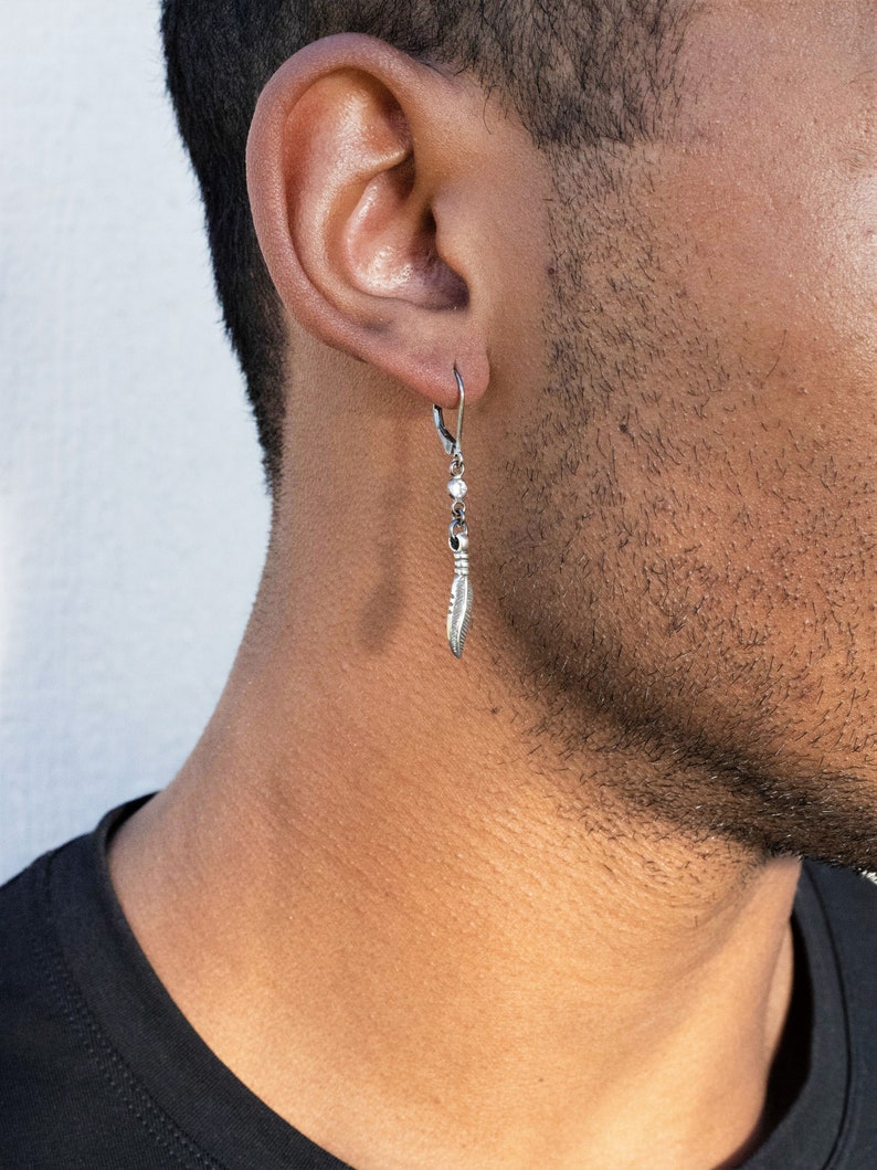 Dangle Feather Earrings, Sterling Silver Dangle Earrings for Men or Women, Leverback Oxidized Black Earrings, Mens Dangle Earring image 1